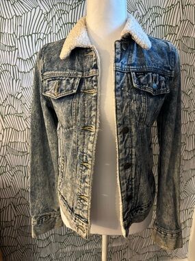 RVCA Acid Wash Denim Jacket with Cream Sherpa Collar